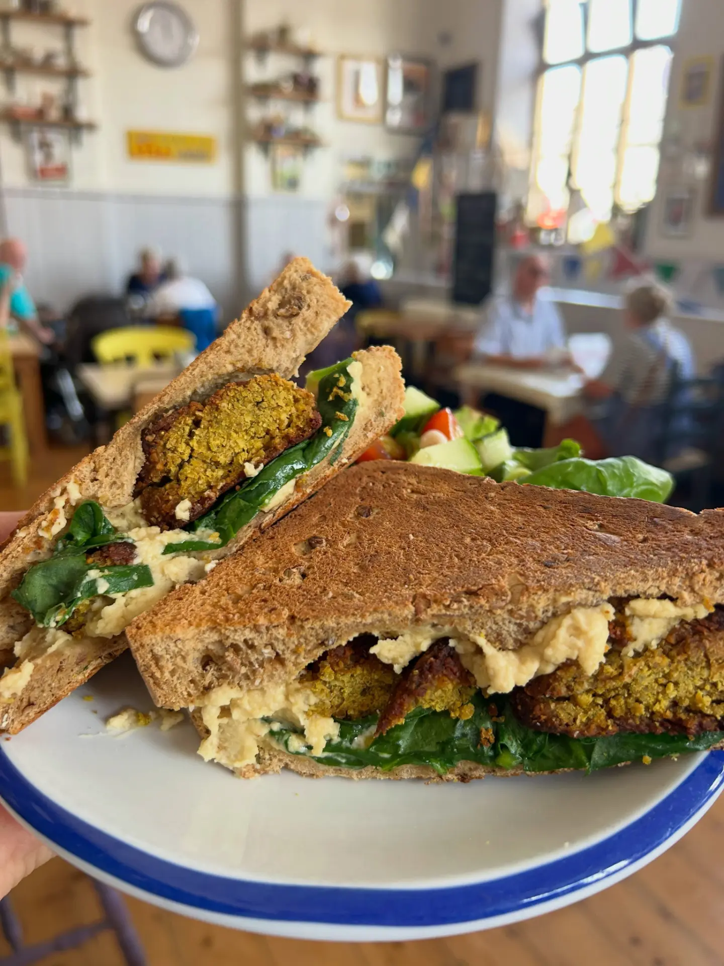 Falafel and hummus toasted sandwich with salad